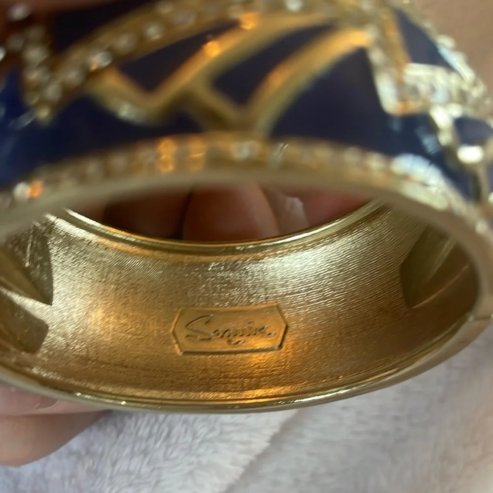 New Sequin enamel bangle bracelet art deco design blue and gold with rhinestones